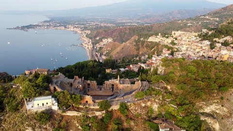 Aerial view of the ancient Greek theatre of Taormina, Sicily, Italy.