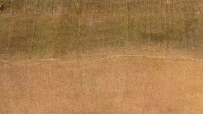 Driving through the field on top of mountain, Autumn and Summer collors splited with gravel road. 4K Drone footage.