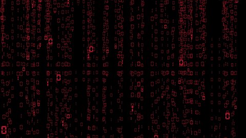 A 3D animation of falling red binary code on a black background