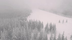 Splendid winter scene from a bird's eye view. Location place of Carpathian mountains, Ukraine, Europe. Cinematic aerial shot. Happy New Year! Discover the beauty of earth. Filmed in 4k, drone video.