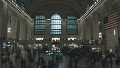 Timelapse View of passengers traveling through Grand Central Station in New York, US, circa 2019. Grand Central is the largest train station in the world by number of platforms.
