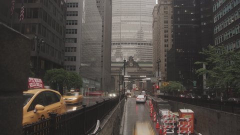 Timelapse View of traffic cars in front of Grand Central Station in New York, US, circa 2019. Grand Central is the largest train station in the world by number of platforms.