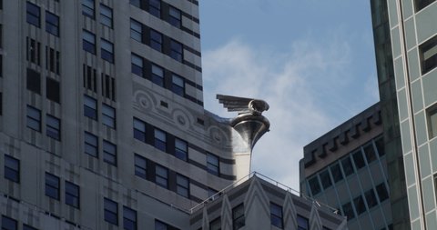 New York, NY USA - October 2, 2021: New York City, Flying Hubcap on Corner of Chrysler Building Skysraper