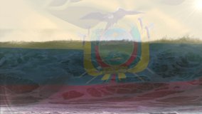 Animation of flag of equador blowing over waves in sea. travel, holidays, patriotism and celebration concept digitally generated video.