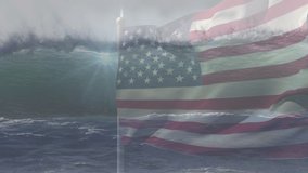 Animation of flag of united states of america blowing over waves in sea. travel, holidays, patriotism and celebration concept digitally generated video.