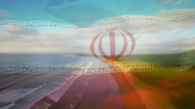 Digital composition of waving iran flag against aerial view of beach and sea waves. national tourism and travel concept - Powered by Shutterstock - Get 15% off with code: PIKWIZARD15