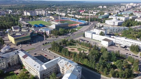 DZERZHINSK, RUSSIA - AUGUST 24, 2021: Aerial photo of Dzerzhinsk, Russian city in Nizhny Novgorod Oblast with view of Lenin avenue and Monument to Dzerzhinskiy.