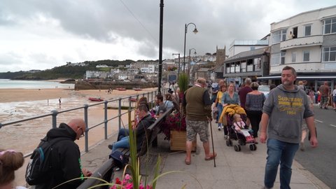 St Ives , Cornwall , United Kingdom (UK) - 09 09 2021: People enjoying a summer day in St Ives, Cornwall, UK. 09.09.21