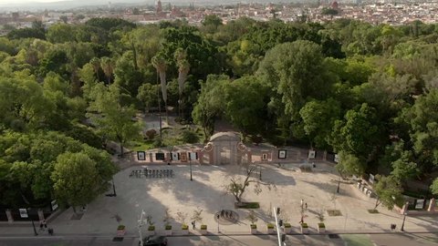 Aerial Of Plaza de la Familia At Alameda Hidalgo Park In Downtown Of Santiago de Queretaro, Mexico.