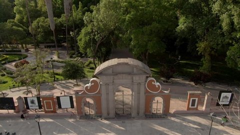 Plaza de la Familia At Alameda Hidalgo Garden In Santiago de Queretaro, Mexico. - aerial pullback