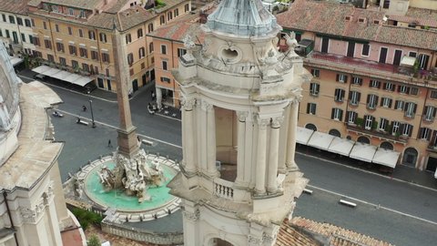 Bernini's Fountain of the Four Rivers at Piazza Navona in Rome, Italy.
Aerial view from above on the famous fountain in Rome. Center city of Roma, Italy.