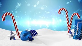 Animation of snow falling over christmas candies and present on blue background. christmas, tradition and celebration concept digitally generated video.
