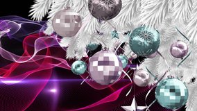 Animaiton of purple and red shapes and christmas decorations. christmas, tradition and celebration concept digitally generated video.