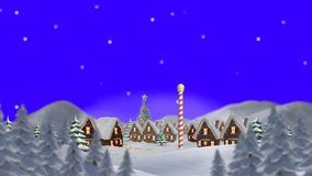 Animation of snow falling over houses and winter landscape. christmas, tradition and celebration concept digitally generated video.