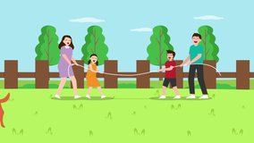Young family animation playing tug of war in the park while enjoying leisure time together. Cartoon in 4k resolution - Powered by Shutterstock - Get 15% off with code: PIKWIZARD15