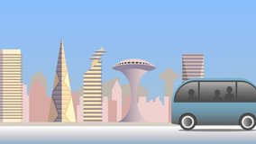 Self-driving, autonomous shuttle bus and bus stop for public transports in a city with electrified vehicles.  Enabled by 5G technology. Animation. - Powered by Shutterstock - Get 15% off with code: PIKWIZARD15