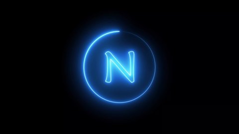 A neon sign letter glowing with blue light. Glowing neon line in a circular path around the N alphabet.