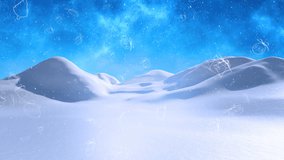 Animation of shristmas shapes and snow falling over winter landscape. christmas, winter, tradition and celebration concept digitally generated video.