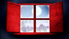 Animation of winter christmas scene with presents and santa sleigh seen through window. christmas, winter, tradition and celebration concept digitally generated video.