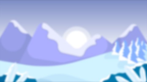 Snowfall animation with pine trees and snow mountains. Beautiful winter landscape background.
