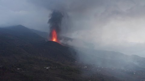 4K drone aerial shot of Cumbre Vieja Volcano Eruption during sunset In La Palma Canary Islands September 2021