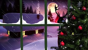 Animation of winter landscape, houses and santa sleigh seen through window. christmas, tradition and celebration concept digitally generated video.
