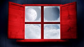 Animation of winter landscape and santa sleigh seen through window. christmas, tradition and celebration concept digitally generated video.