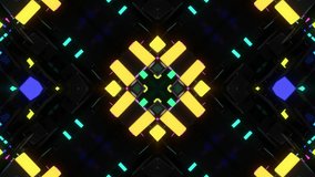 4k dark looped bg with abstract symmetrical pattern of geometric 3d stuff and neon light. Science fiction cyberpunk bg for show or events, festivals or concerts, music videos, VJ loop for night club