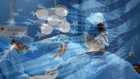 Animation of flag of usa waving over surgeons in operating theatre. global medicine, healthcare services during covid 19 pandemic concept digitally generated video.