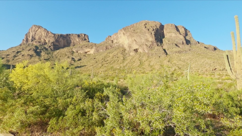 POV From A Car Driving Through Interstate Road With Panorama Of Picacho Peak In Arizona, United States. - wide