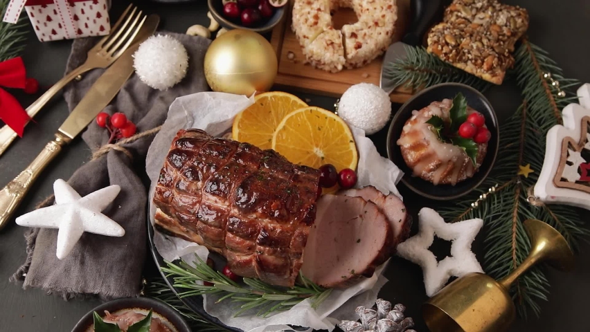 Christmas background, video, holiday food on  dark background, rotate