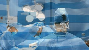 Animation of flag of greece waving over surgeons in operating theatre. global medicine, healthcare services during covid 19 pandemic concept digitally generated video.