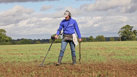 Much Hadham, Hertfordshire, UK. October 1st 2021. Treasure hunter using a metal detector in a field.  