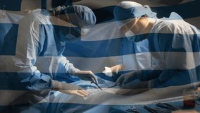Animation of flag of greece waving over surgeons in operating theatre. global medicine, healthcare services during covid 19 pandemic concept digitally generated video.