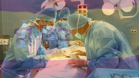 Animation of flag of spain waving over surgeons in operating theatre. global medicine, healthcare services during covid 19 pandemic concept digitally generated video.