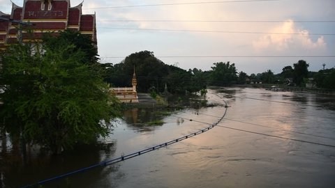 The flood situation in Chumpuang, Nakhon Ratchasima, Thailand filmed on October 2nd 2021.