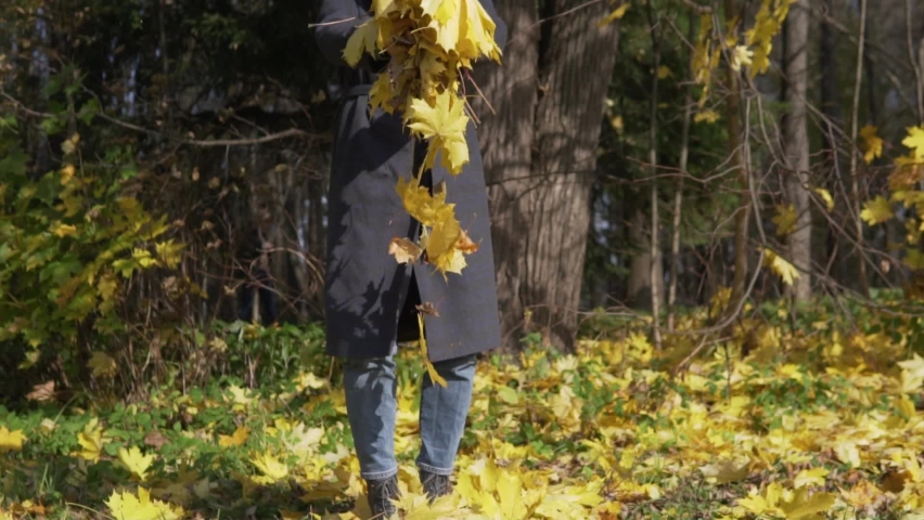 A woman throws a bunch of yellow maple leaves up in an autumn park, slow-motion filming