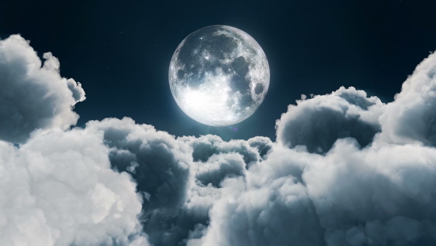 Flying through fluffy cumulus clouds towards moon at night - loopable | Shutterstock HD Video #1080162359