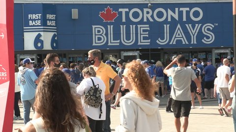 Toronto, Ontario, Canada October 2021 New normal with Toronto Blue Jays baseball fans arriving at stadium fully vaccinated for COVID 19 delta variant coronavirus.