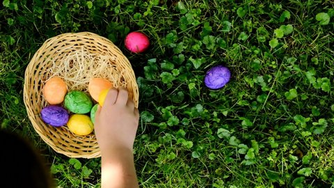 Easter Egg Hunt.Child collects Easter eggs and puts in a basket. Eggs in a round basket on a green clover.View from above. Colorful easter eggs. Easter holiday tradition.Spring religious holiday