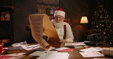 Santa Claus reading long wishlist, working at night. St Nicholas making up checklist of children wishes and presents for kids, sitting near fireplace, lots of letters. Late work on Christmas Eve. 