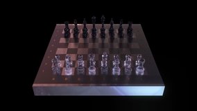 Chess board with beautiful glass figures, camera orbiting around, loopable video