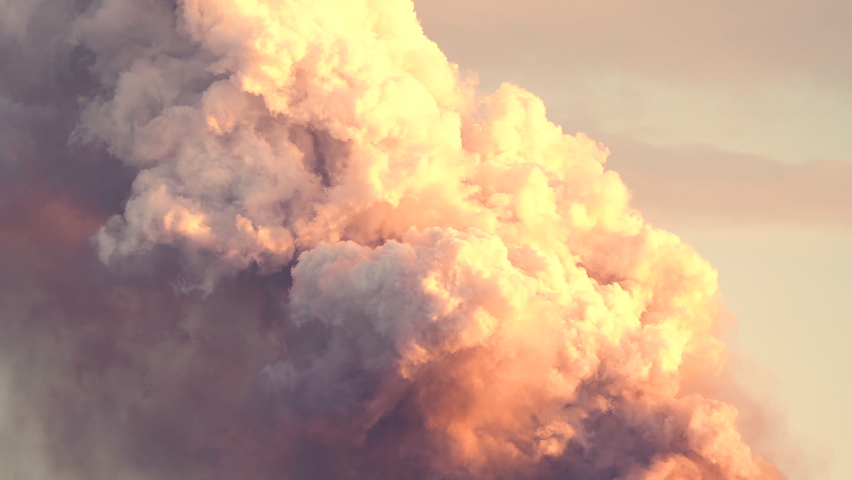Volcanic ash cloud in Cumbre Vieja volcano during sunset in La Palma, Spain. September 2021.