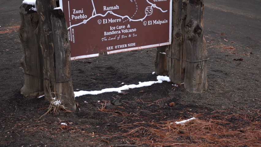 Sign and Map of Scenic Route 53, The Ancient Way Point of Interest, Ice Cave and Bandera Volcano, New Mexico USA, Tilt Up