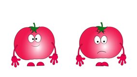 Two tomatoes. Cartoon characters. Different emotions. Laugh and Cry. White background.