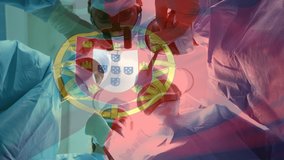 Animation of flag of portugal waving over surgeons in operating theatre. global medicine, healthcare services during covid 19 pandemic concept digitally generated video.