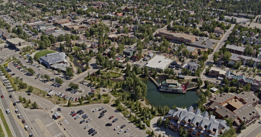 Breckenridge Colorado Aerial v10 birdseye of town center near a floating restaurant along Jefferson Avenue - Shot on DJI Inspire 2, X7, 6k - August 2020