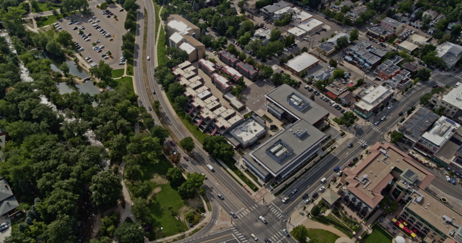 Boulder Colorado Aerial v6 Birdseye view of buildings and highways on downtown cityscape - Shot on DJI Inspire 2, X7, 6k - August 2020