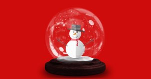 Animation of smiling snowman in snow globe over red background. christmas, tradition and celebration concept digitally generated video.
