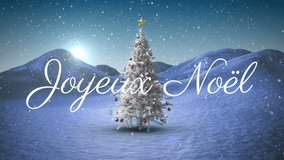 Animation of joyeux noel christmas greetings over christmas tree in winter scenery. christmas, tradition and celebration concept digitally generated video. - Powered by Shutterstock - Get 15% off with code: PIKWIZARD15